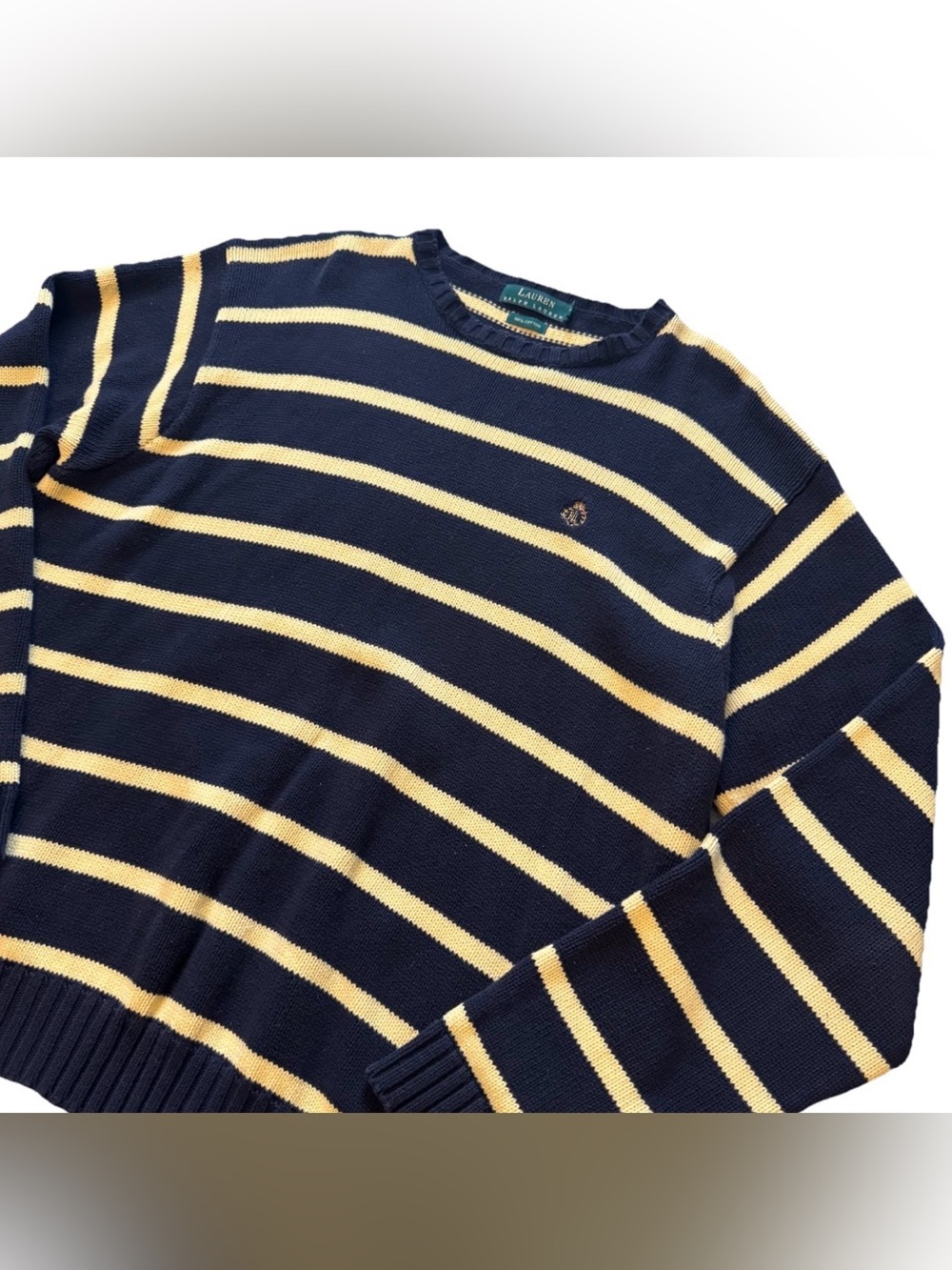 Vintage LRL Lauren Ralph Lauren Sweater L Navy Yellow Striped Crest 100% Cotton